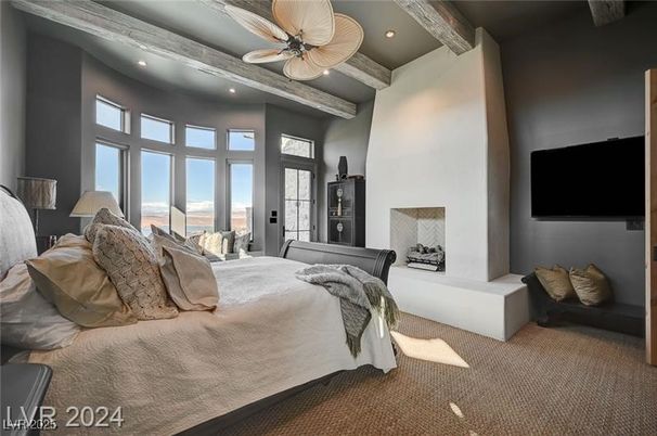 Bedroom, Fireplace, Interior, Recessed Lighting, Wooden Beams