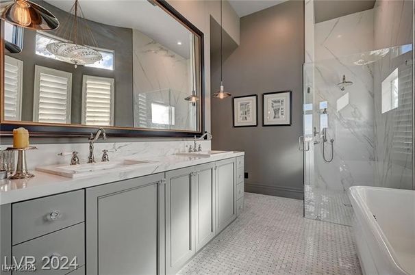 Bathroom, Dual Sink Vanities, Glass Shower, Interior, Marble Walls, Pendant Lights