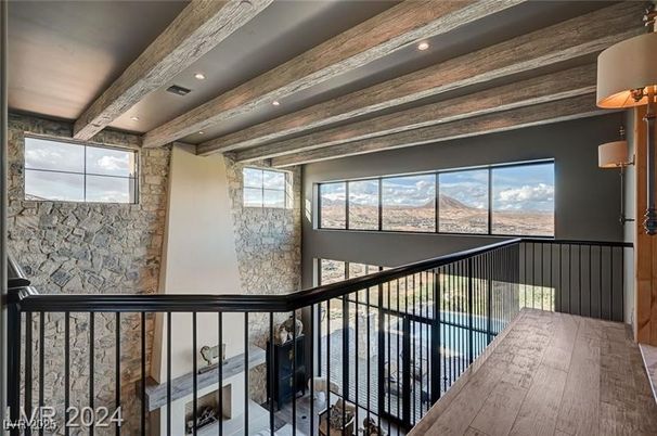 Interior, Recessed Lighting, Stone Walls, Wooden Beams, Wood Texture Flooring