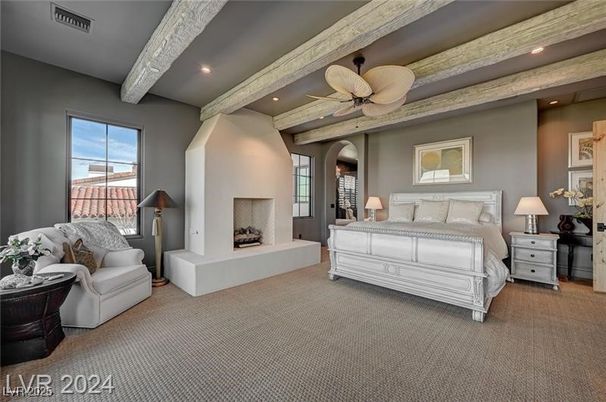Bedroom, Fireplace, Interior, Recessed Lighting, Wooden Beams