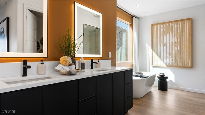 Bathroom, Dual Sink Vanities, Interior, Recessed Lighting, Wood Texture Flooring