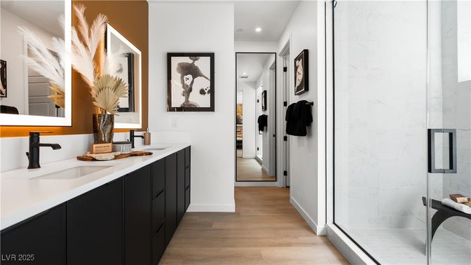 Bathroom, Interior, Marble Walls, Recessed Lighting, Wood Texture Flooring