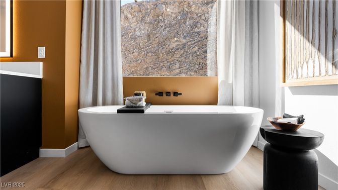 Bathroom, Free Standing Baths, Interior, Wood Texture Flooring