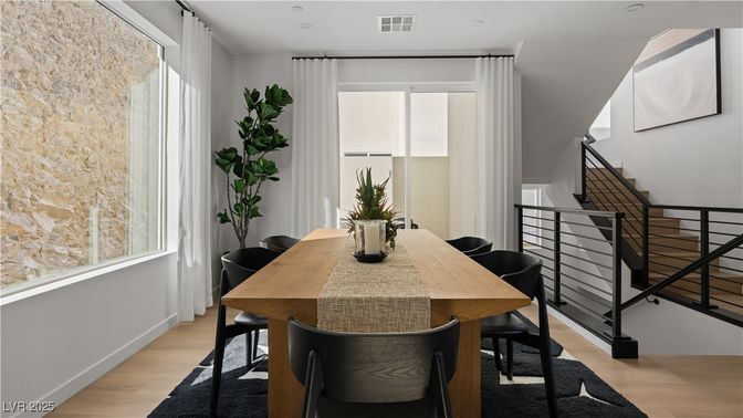 Dining room, Interior, Recessed Lighting, Wood Texture Flooring