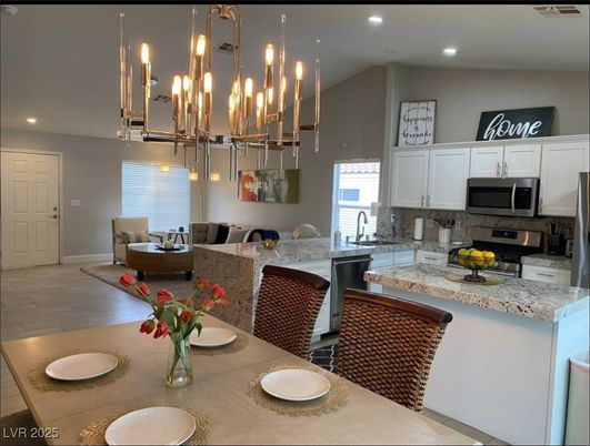 Dining room, Interior, Kitchen, Living room, Pendant Lights, Recessed Lighting, Stainless Steel Appliances