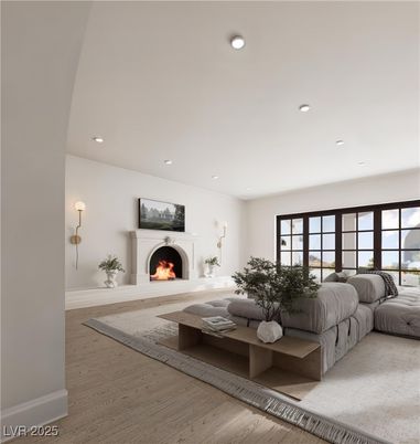 Bedroom, Fireplace, Interior, Living room, Recessed Lighting, Wood Texture Flooring