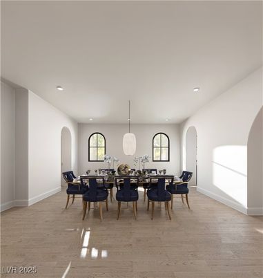 Dining room, Interior, Pendant Lights, Recessed Lighting, Wood Texture Flooring