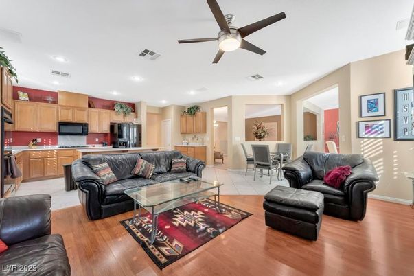 Dining room, Interior, Kitchen, Living room, Recessed Lighting, Stainless Steel Appliances, Wood Texture Flooring