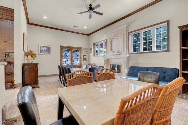 Dining room, Fireplace, Interior, Recessed Lighting