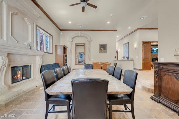 Dining room, Fireplace, Interior, Recessed Lighting