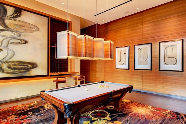 Billiard Table, Game Room, Interior, Pendant Lights, Recessed Lighting, Wood Texture Flooring, Wooden Walls