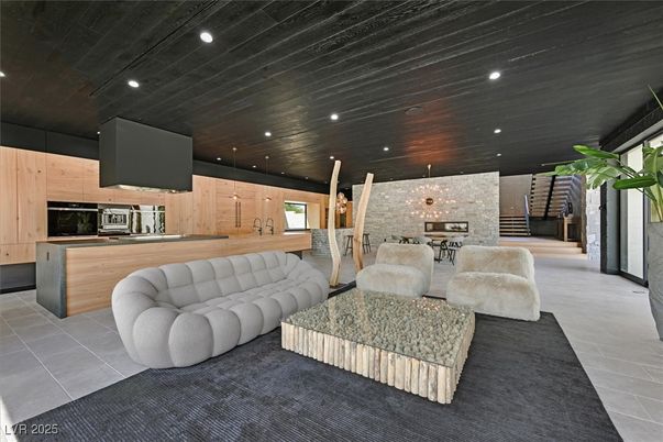 Dining room, Fireplace, Interior, Kitchen, Living room, Recessed Lighting, Stainless Steel Appliances, Stone Walls