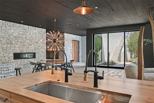 Dining room, Fireplace, Interior, Kitchen, Pendant Lights, Recessed Lighting, Stone Walls, Wooden Ceilings