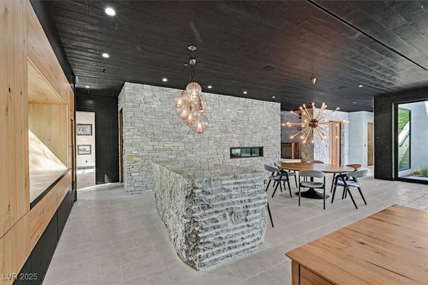 Dining room, Interior, Kitchen, Pendant Lights, Recessed Lighting, Stone Walls