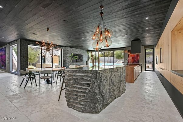Dining room, Fireplace, Interior, Kitchen, Pendant Lights, Recessed Lighting, Wooden Ceilings
