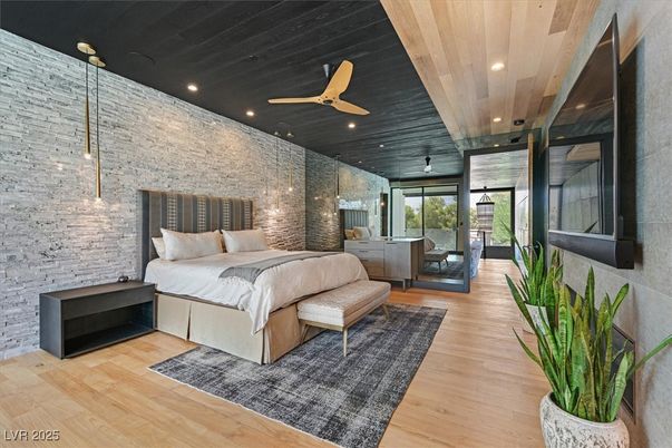 Bedroom, Interior, Pendant Lights, Recessed Lighting, Stone Walls, Wooden Ceilings, Wood Texture Flooring