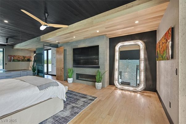 Bedroom, Fireplace, Interior, Recessed Lighting, Wooden Ceilings, Wood Texture Flooring