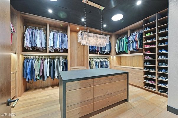 Chandelier, Interior, Recessed Lighting, Walk-in Closets, Wood Texture Flooring, Wooden Walls