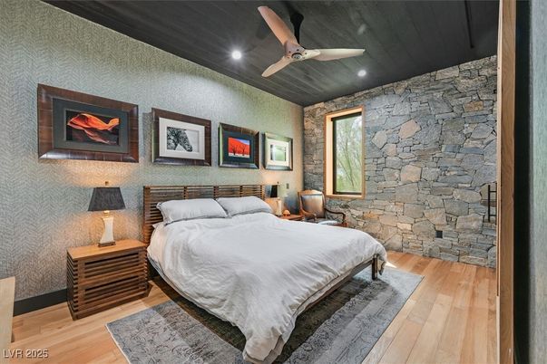 Bedroom, Interior, Recessed Lighting, Stone Walls, Wood Texture Flooring