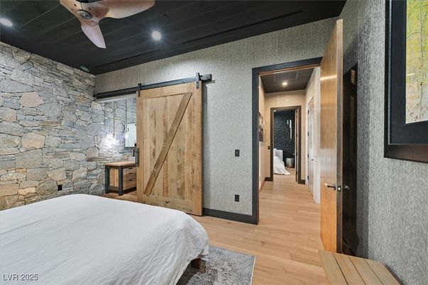 Bedroom, Interior, Recessed Lighting, Stone Walls, Wood Texture Flooring