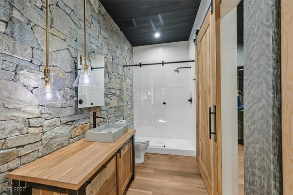 Bathroom, Interior, Recessed Lighting, Stone Walls, Wood Texture Flooring