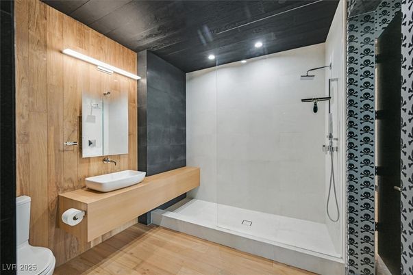 Bathroom, Interior, Recessed Lighting, Wood Texture Flooring, Wooden Walls