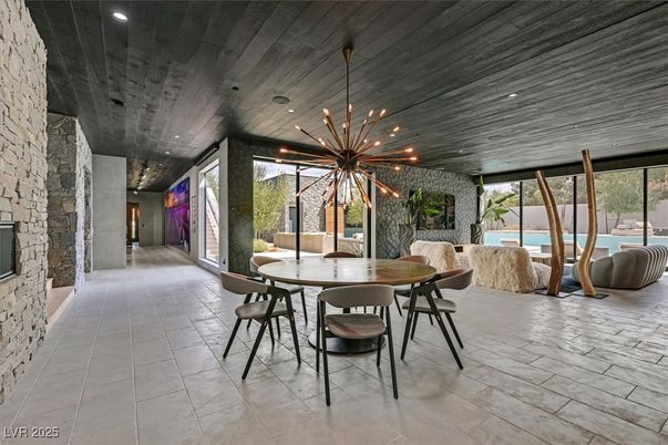 Dining room, Interior, Pendant Lights, Recessed Lighting, Stone Walls, Wooden Ceilings