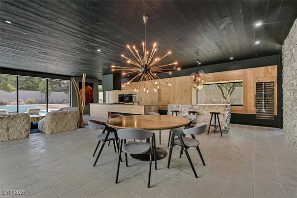 Dining room, Interior, Kitchen, Living room, Pendant Lights, Recessed Lighting, Stainless Steel Appliances, Wooden Ceilings