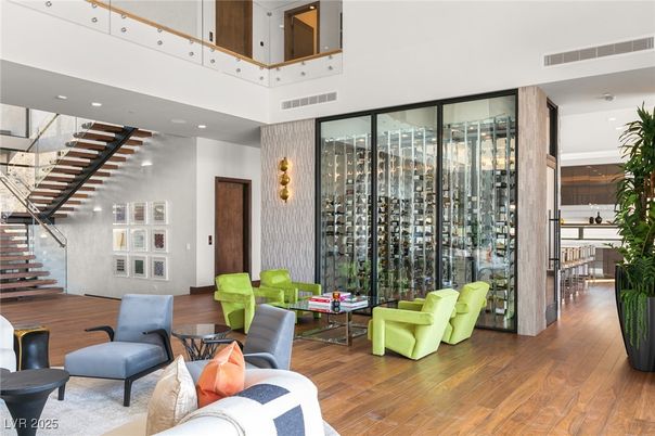 Interior, Living room, Recessed Lighting, Wine Storage, Wood Texture Flooring