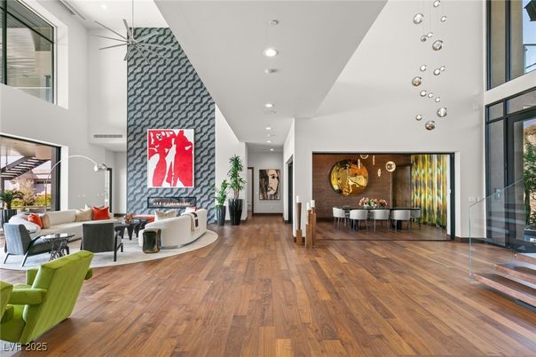 Fireplace, Interior, Living room, Pendant Lights, Piano, Recessed Lighting, Wood Texture Flooring