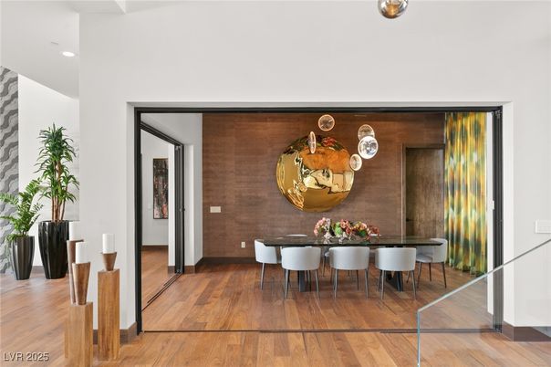 Dining room, Interior, Recessed Lighting, Wood Texture Flooring