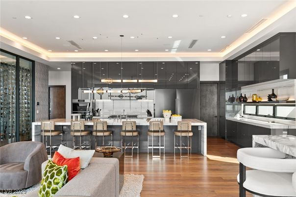 Interior, Kitchen, Pendant Lights, Recessed Lighting, Stainless Steel Appliances, Wine Storage, Wood Texture Flooring