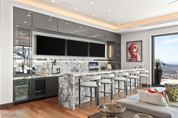 Interior, Kitchen, Marble Walls, Recessed Lighting, Wood Texture Flooring