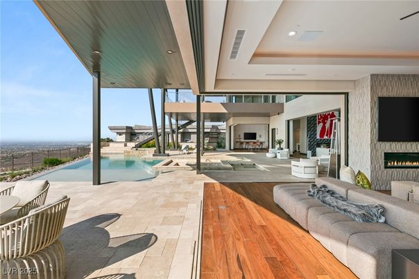 Exterior, Fireplace, Interior, Pool, Recessed Lighting, Wood Texture Flooring
