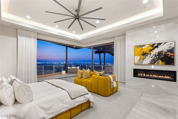 Bedroom, Fireplace, Interior, Marble Walls, Recessed Lighting