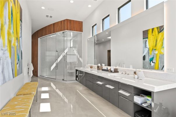 Bathroom, Dual Sink Vanities, Glass Shower, Interior, Recessed Lighting
