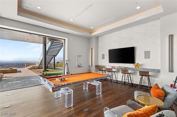 Billiard Table, Game Room, Interior, Recessed Lighting, Wood Texture Flooring