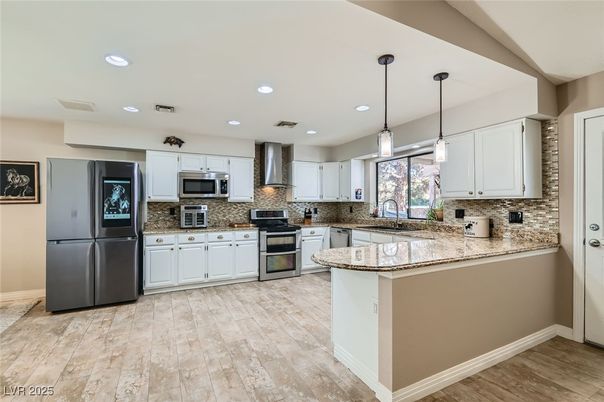 Interior, Kitchen, Pendant Lights, Recessed Lighting, Stainless Steel Appliances, Wood Texture Flooring