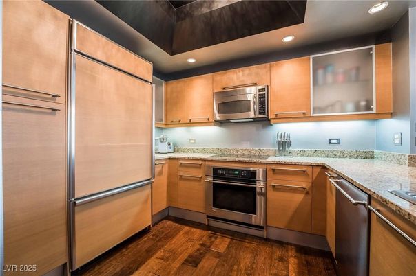 Interior, Kitchen, Recessed Lighting, Stainless Steel Appliances, Wood Texture Flooring