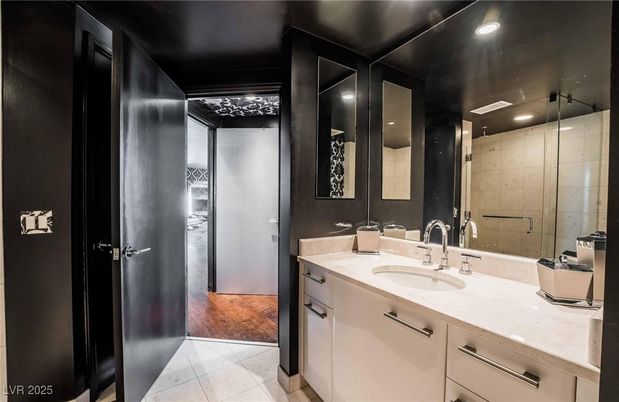 Bathroom, Dual Sink Vanities, Interior, Recessed Lighting, Wood Texture Flooring