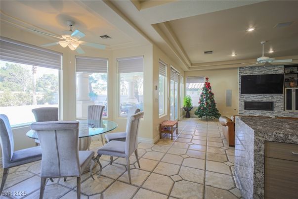 Dining room, Fireplace, Interior, Recessed Lighting, Stone Walls