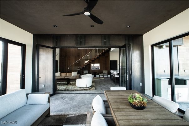 Dining room, Interior, Living room, Recessed Lighting, Wooden Walls
