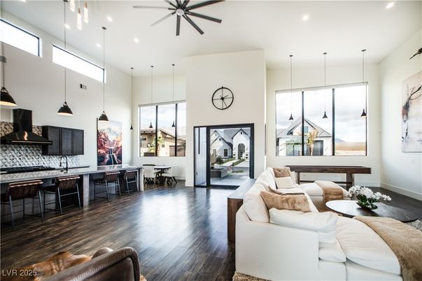 Dining room, Interior, Kitchen, Living room, Pendant Lights, Recessed Lighting, Stainless Steel Appliances, Wood Texture Flooring