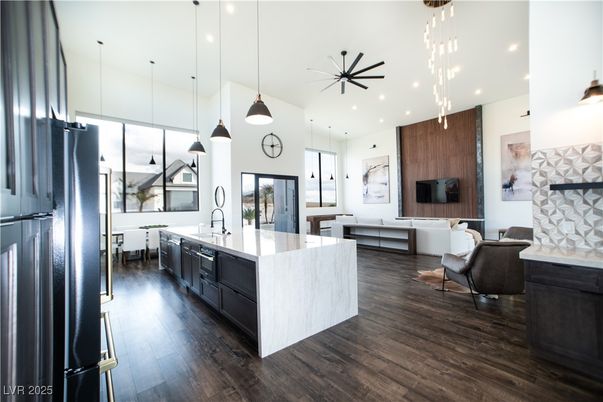 Interior, Kitchen, Living room, Pendant Lights, Recessed Lighting, Wood Texture Flooring