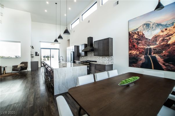 Dining room, Interior, Kitchen, Pendant Lights, Recessed Lighting, Stainless Steel Appliances, Wood Texture Flooring