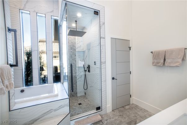 Bathroom, Glass Shower, Interior, Marble Walls, Recessed Lighting