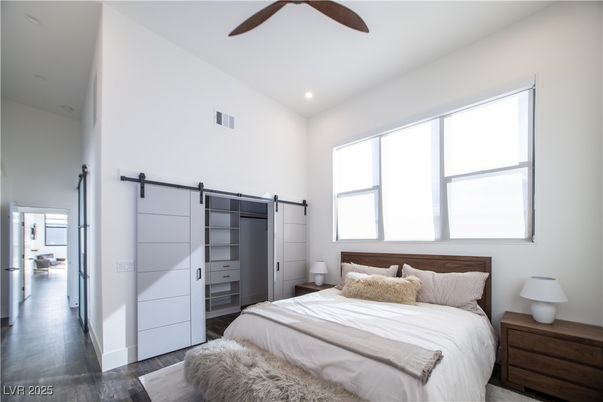 Bedroom, Interior, Recessed Lighting, Wood Texture Flooring