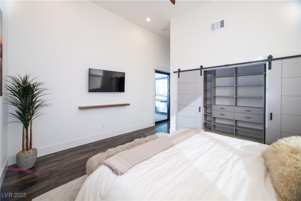 Bedroom, Interior, Recessed Lighting, Wood Texture Flooring