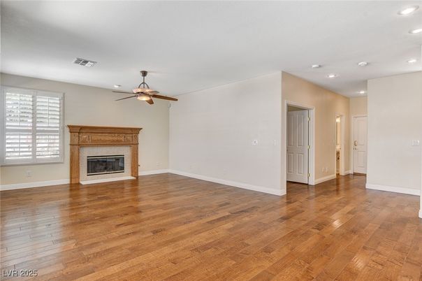Empty room, Fireplace, Interior, Recessed Lighting, Wood Texture Flooring