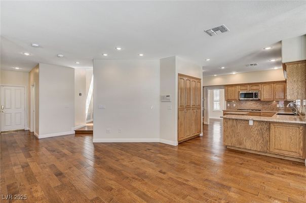Interior, Kitchen, Recessed Lighting, Stainless Steel Appliances, Wood Texture Flooring
